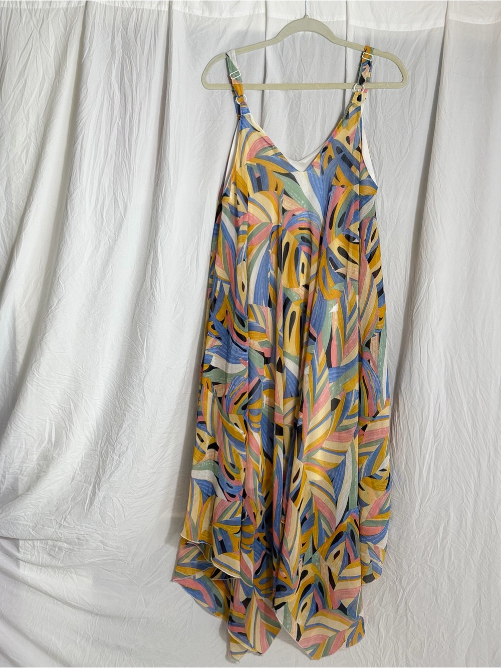 Nina Leonard Multicolor Leaf-Print Maxi Sundress (Blue, Yellow, Pink, Cream)227